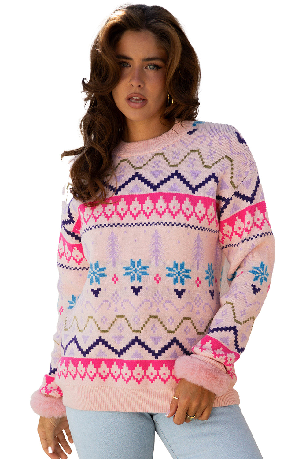 Multicolour Ethnic Christmas Pattern Knit Feather Cuffed Sweater