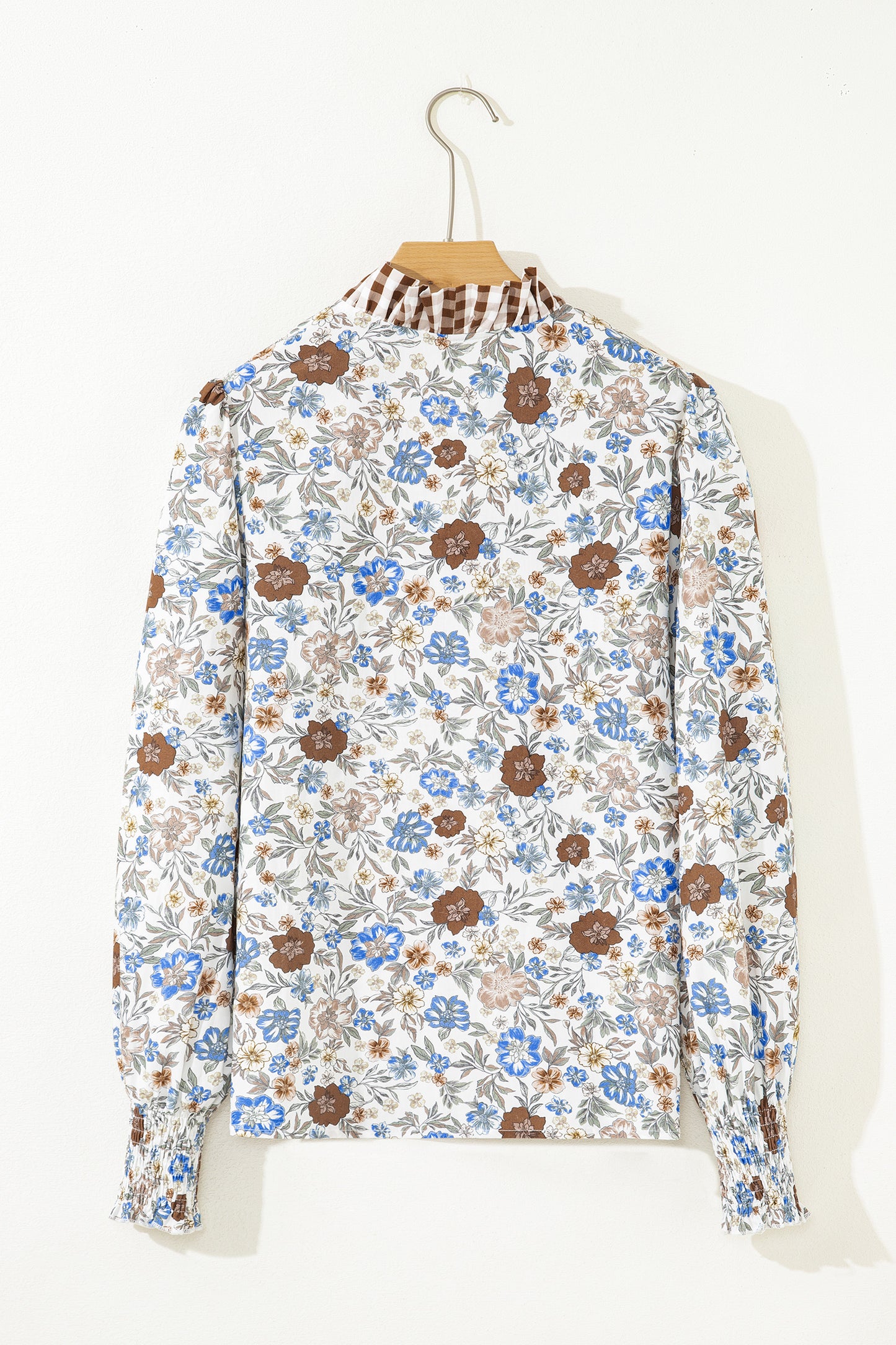 Brown Plaid Frilled Trim V Neck Floral Long Sleeve Blouse