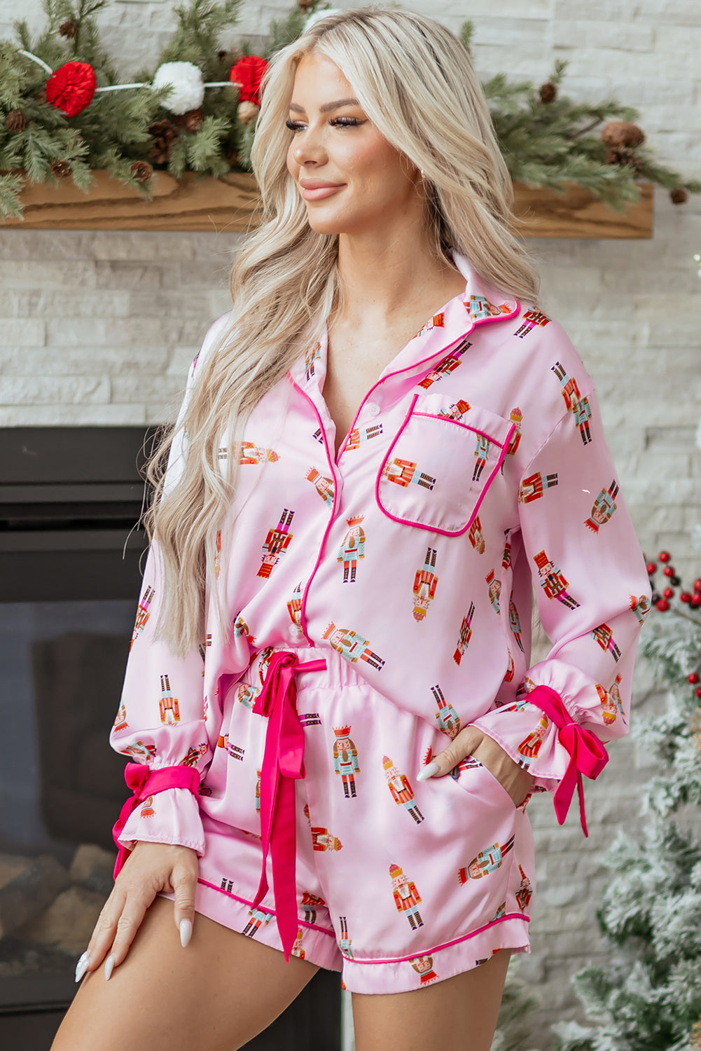 Pink Nutcracker Print Contrast Trim Tied up Bow Silky 2pcs Pajama Set