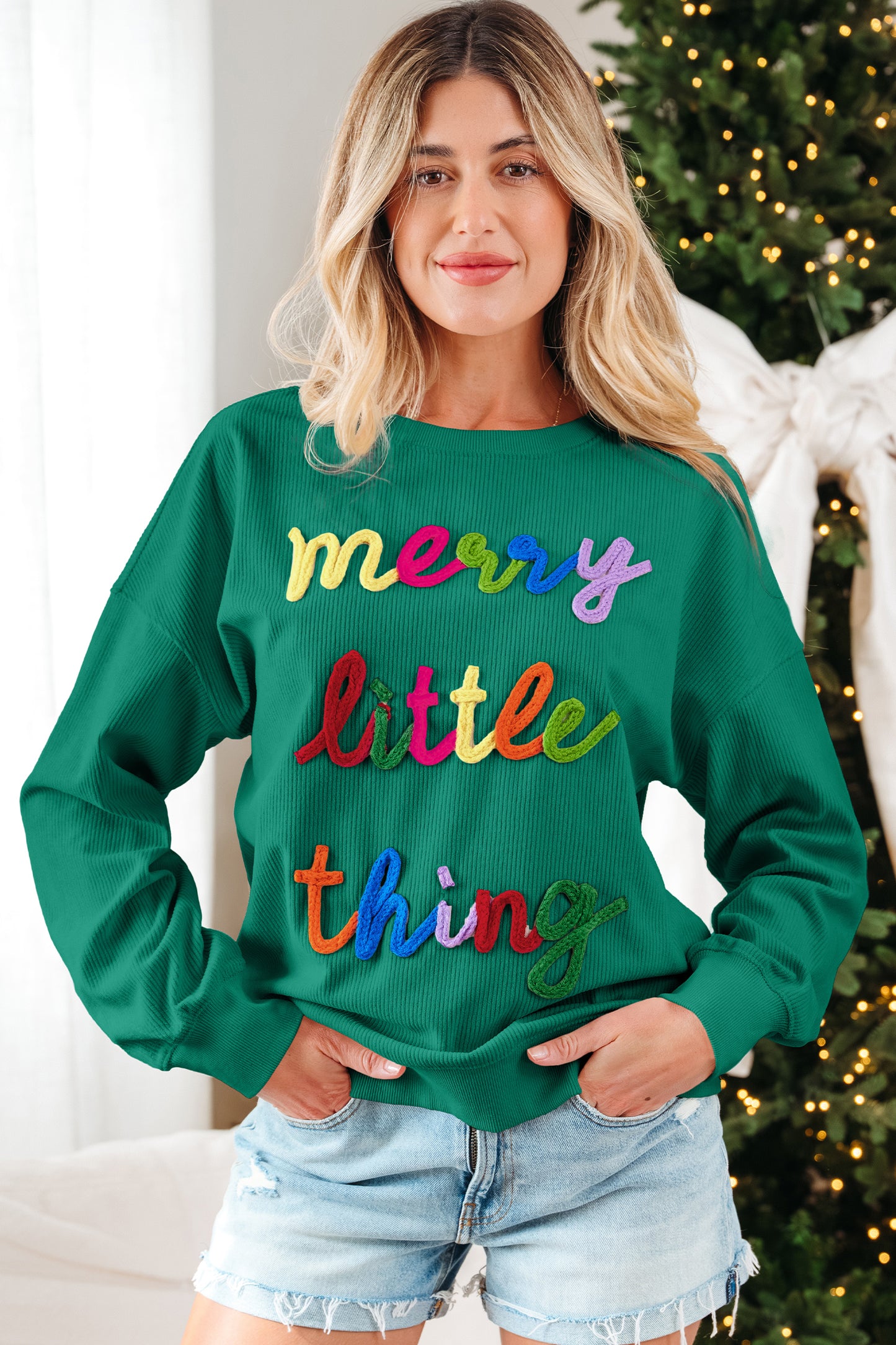 Dark Green merry little thing Corded Letter Graphic Ribbed Loose Sweatshirt