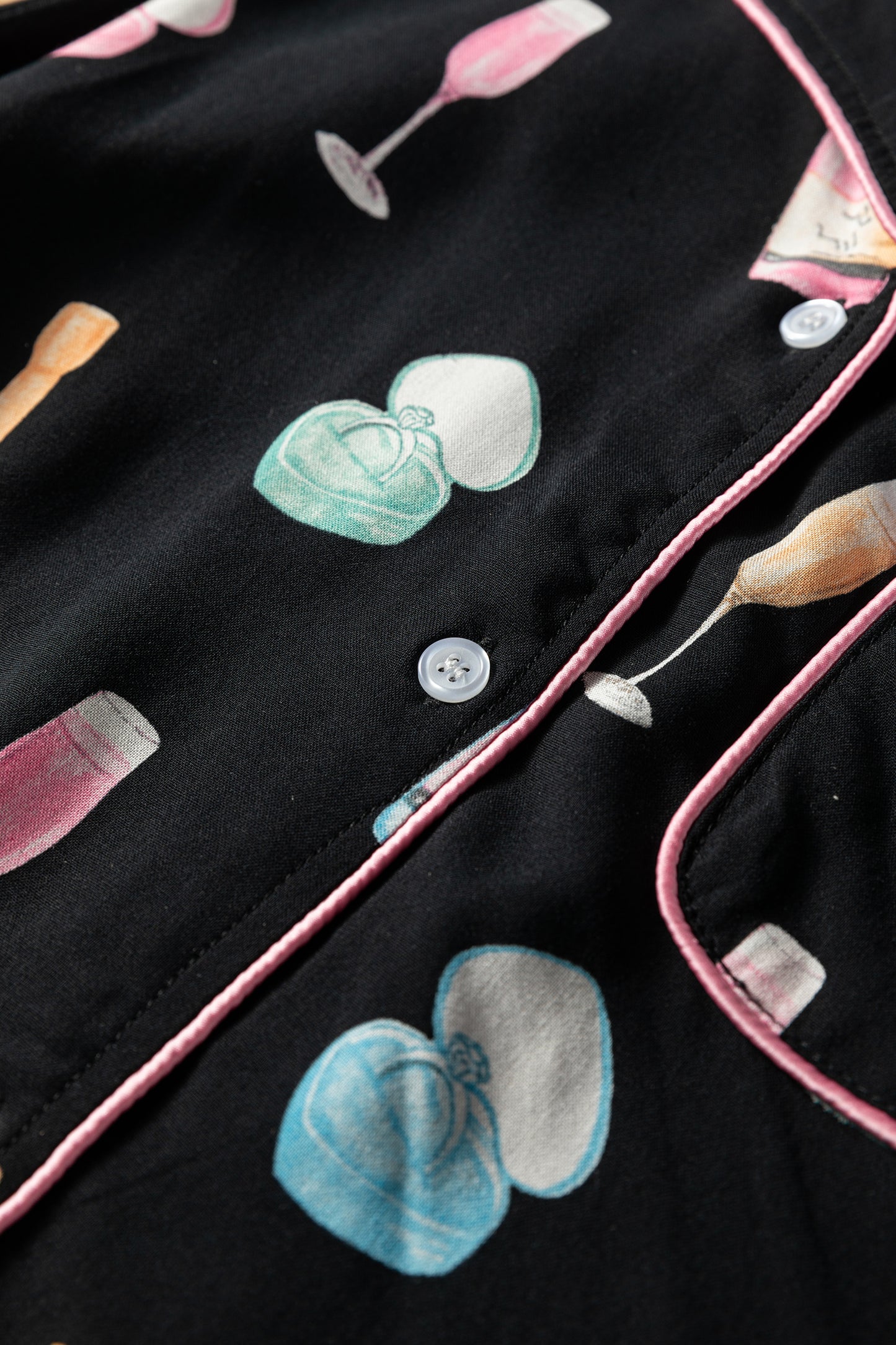 Color black Christmas Wine Glass Print Bow Knot Two Piece Pajama Set