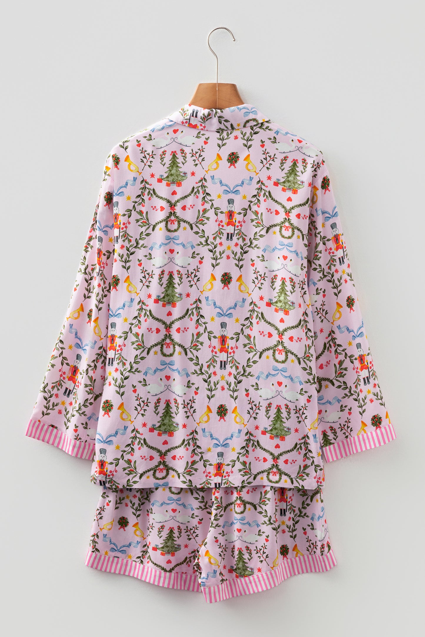 Pink Christmas Holiday Print Nutcracker Long Sleeve Shorts 2pcs Pajama Set