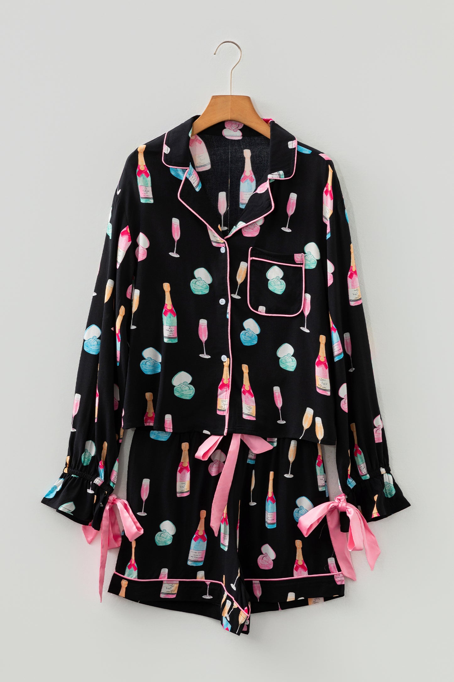 Color black Christmas Wine Glass Print Bow Knot Two Piece Pajama Set