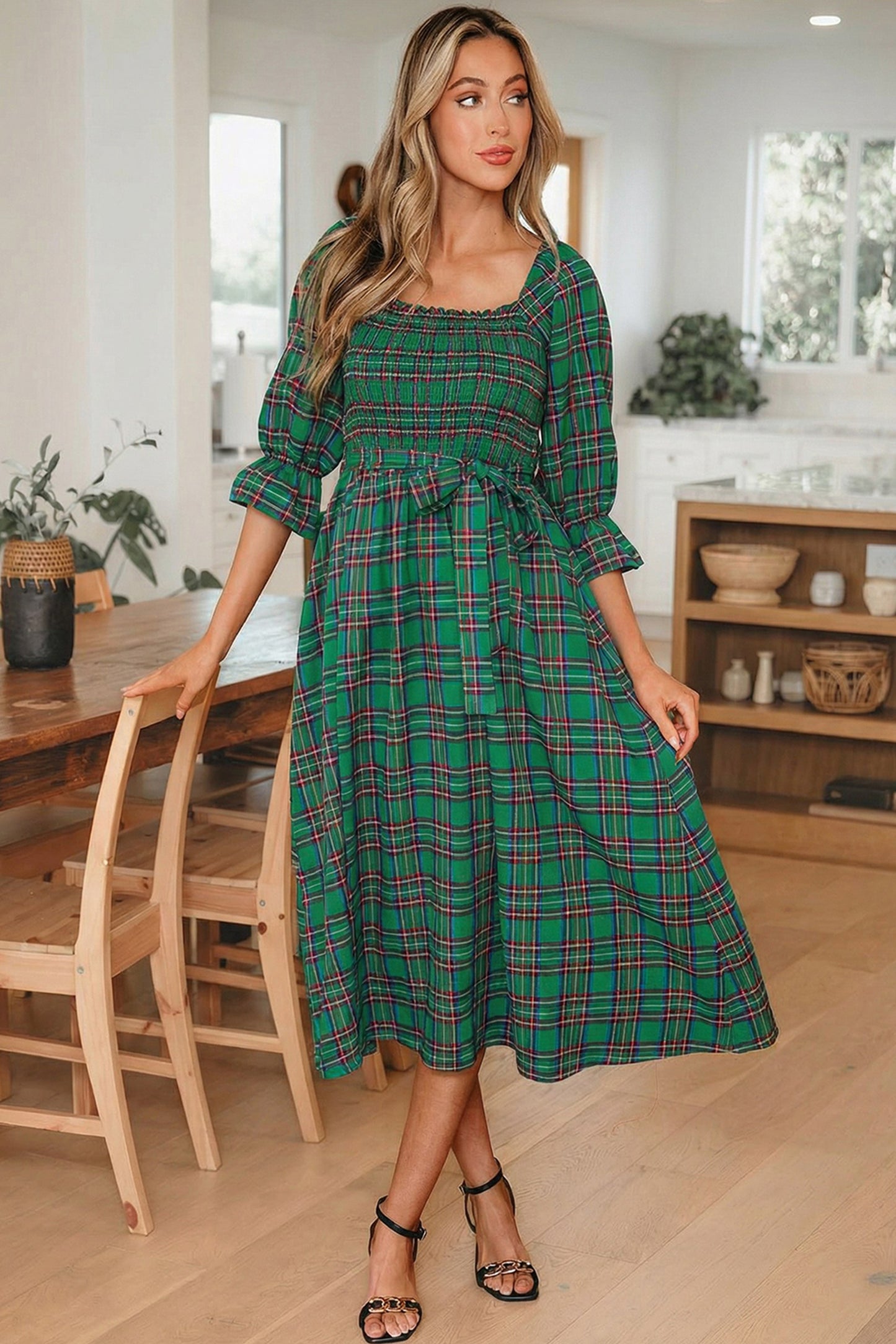 Green Tartan Plaid Square Neck Puff Sleeve Knot Waist Flared Midi Dress