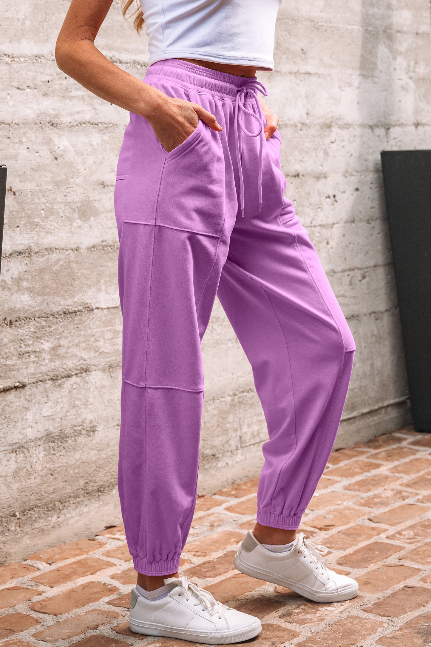 Lilac Drawstring Waist Patchwork Solid Color Jogger Pants