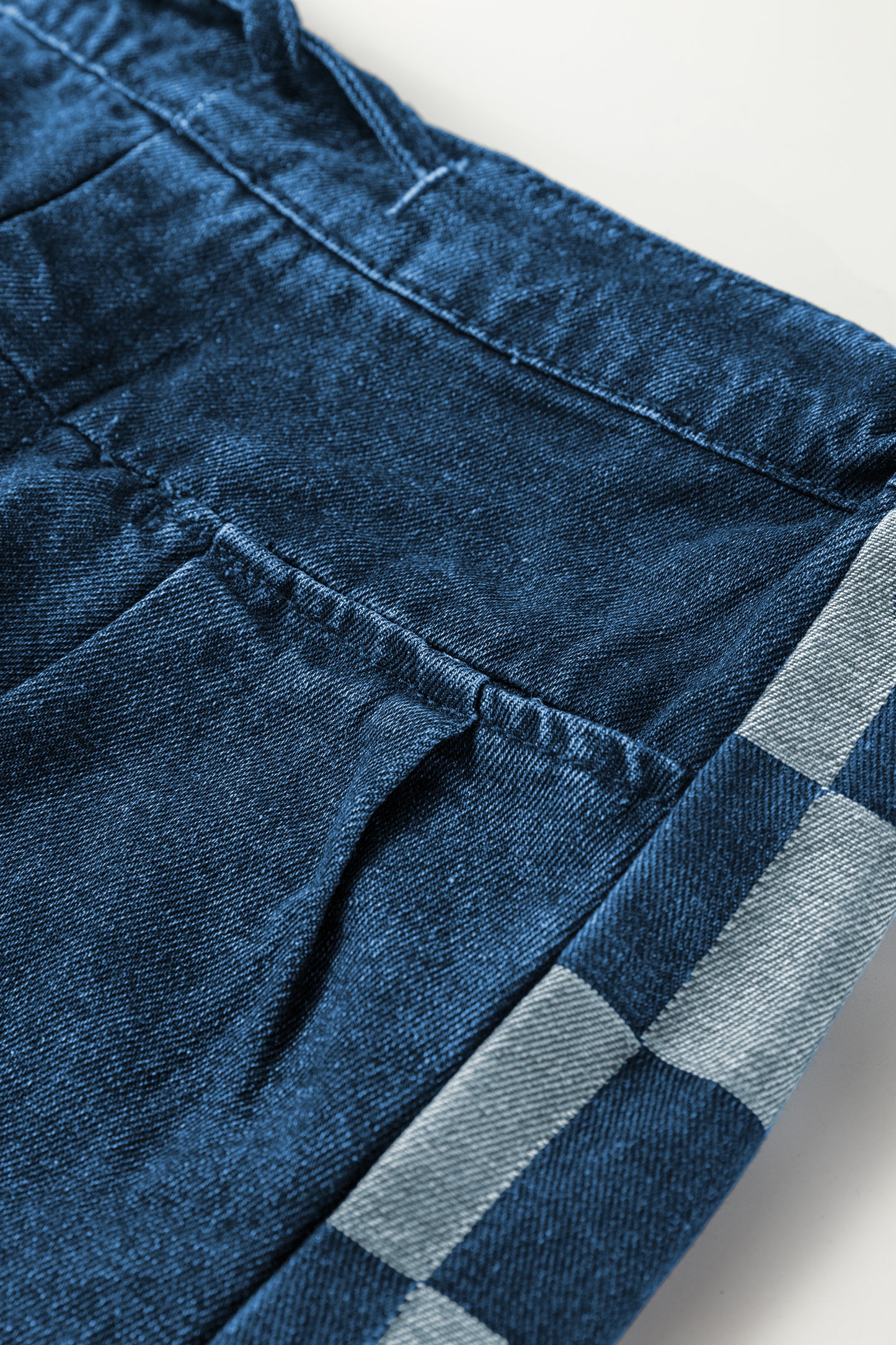 Sail Blue Checkered Side Panel Patchwork Drawstring Loose Denim Pants