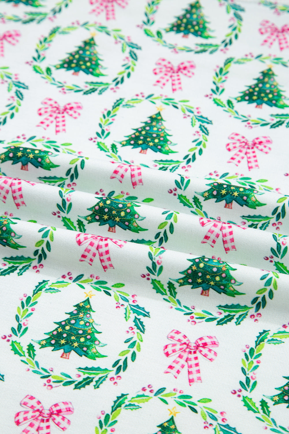 Green Bow Christmas Tree Print Contrast Striped Banding 2pcs Lounge Set