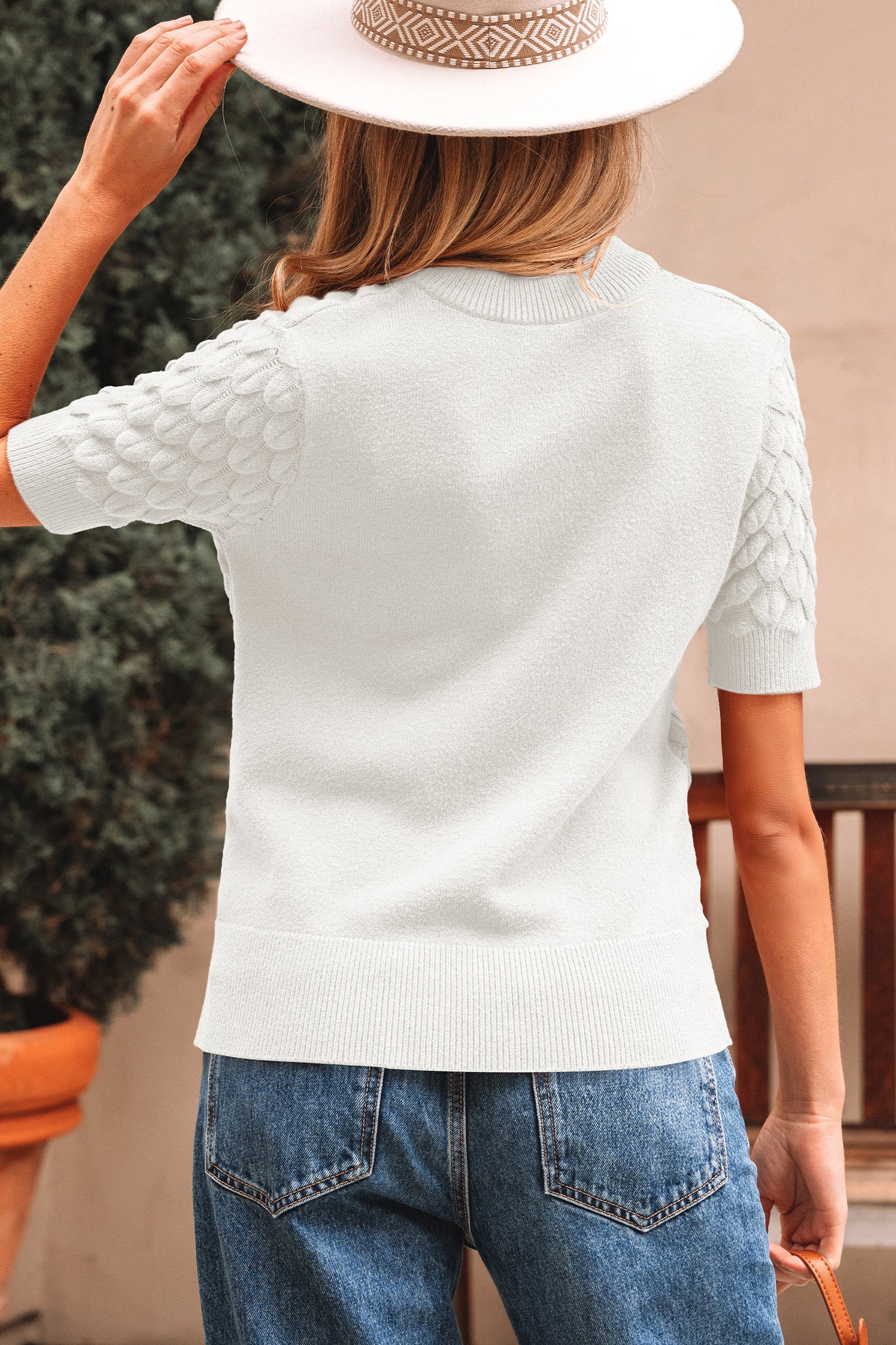 White Fish Scale Textured Knit Ribbed High Neck Short Sleeve Sweater