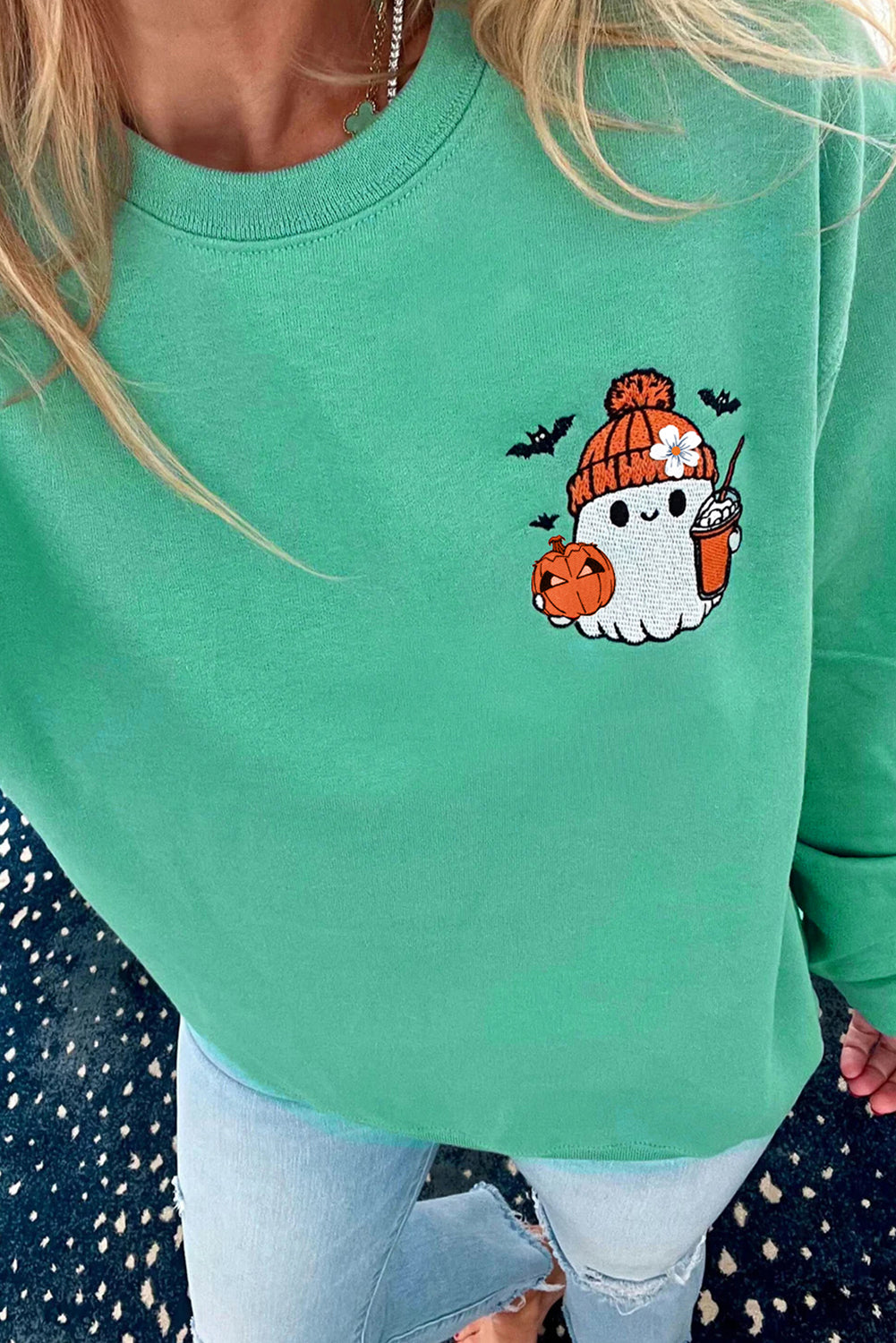 Aruba Blue Cute Halloween Ghost Embroidered Casual Sweatshirt