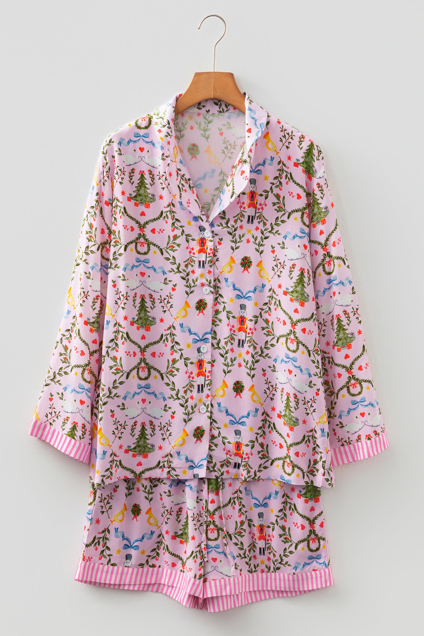 Pink Christmas Holiday Print Nutcracker Long Sleeve Shorts 2pcs Pajama Set