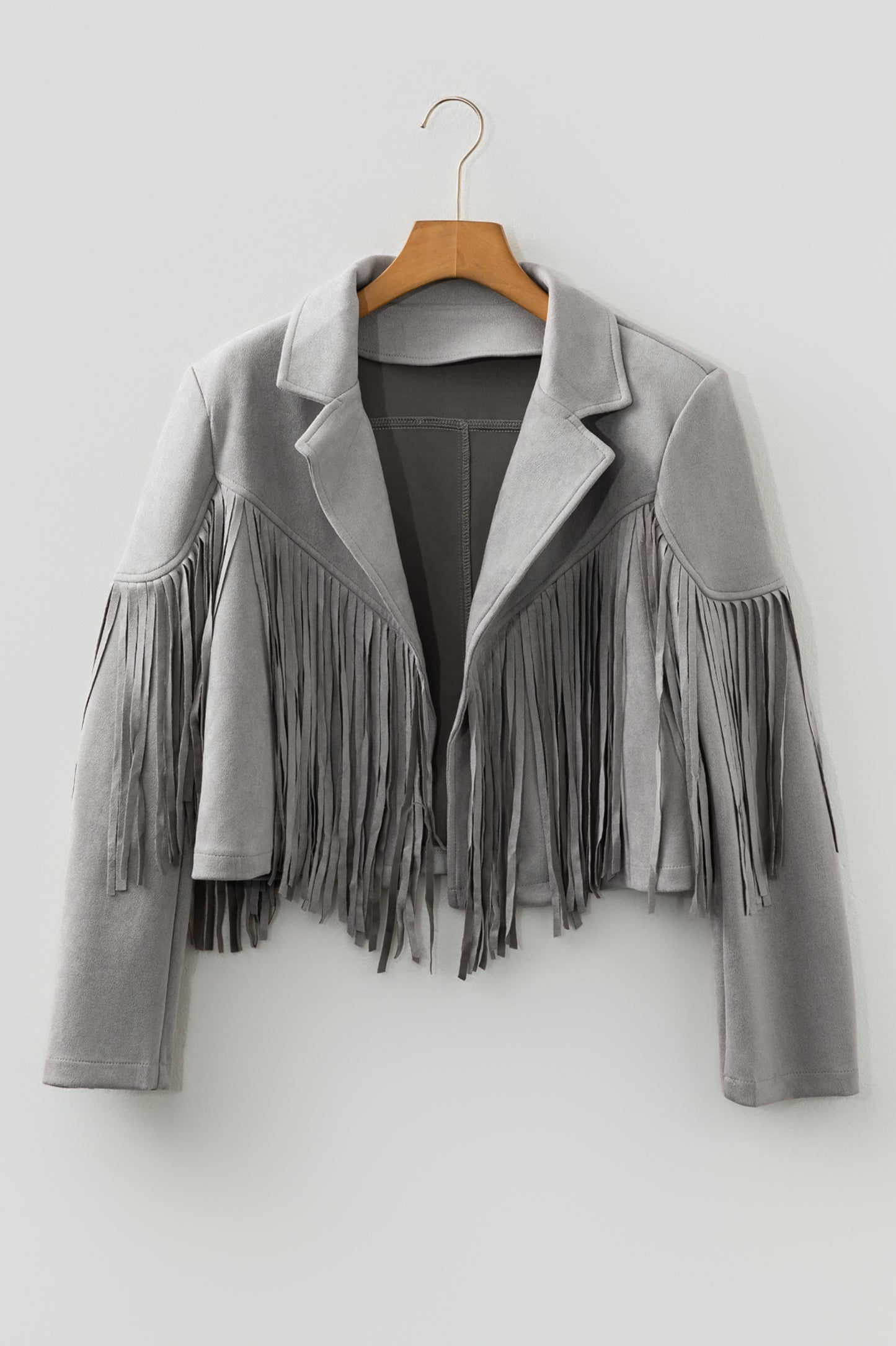 Gray Cropped Fringe Faux Suede Jacket