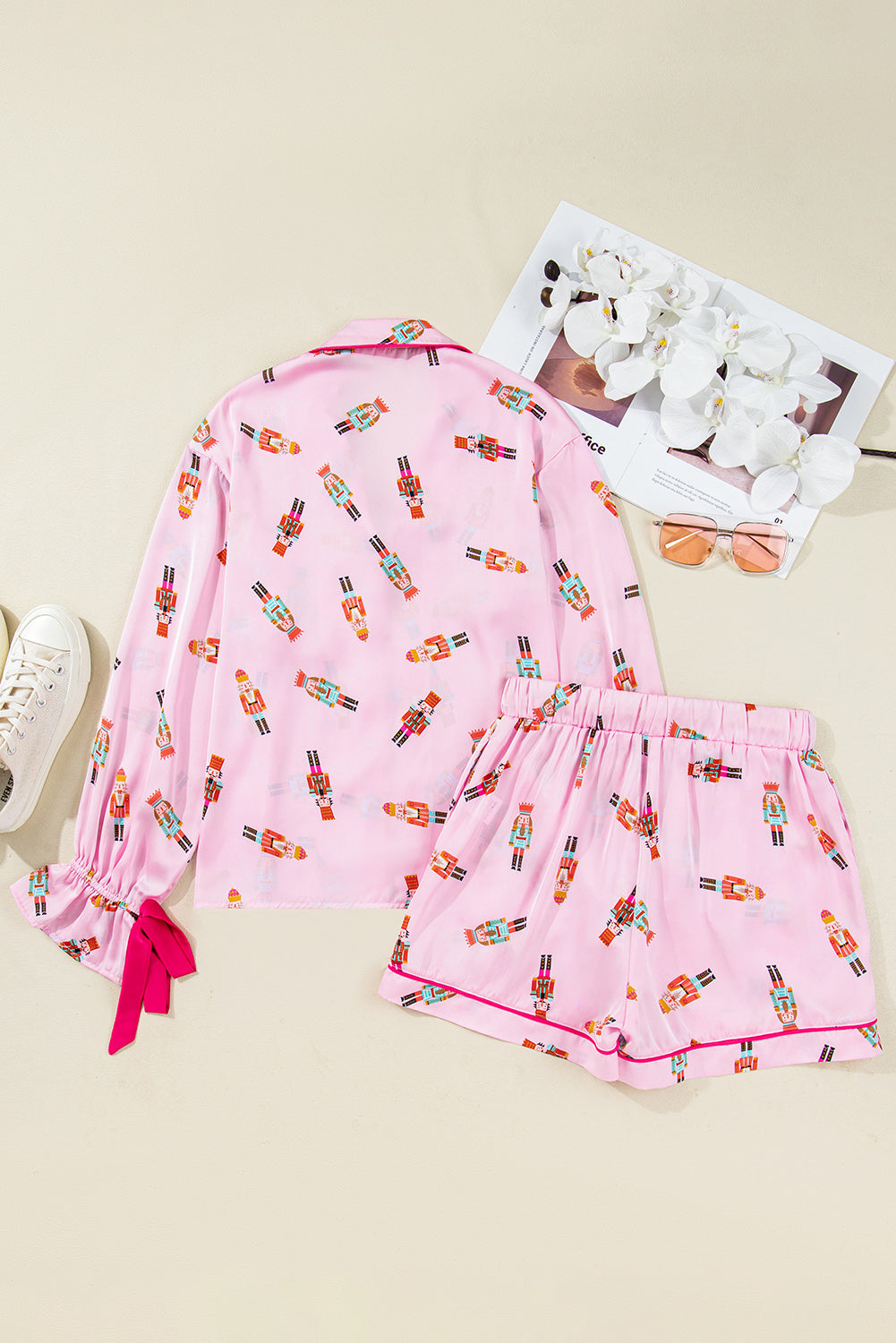 Pink Nutcracker Print Contrast Trim Tied up Bow Silky 2pcs Pajama Set