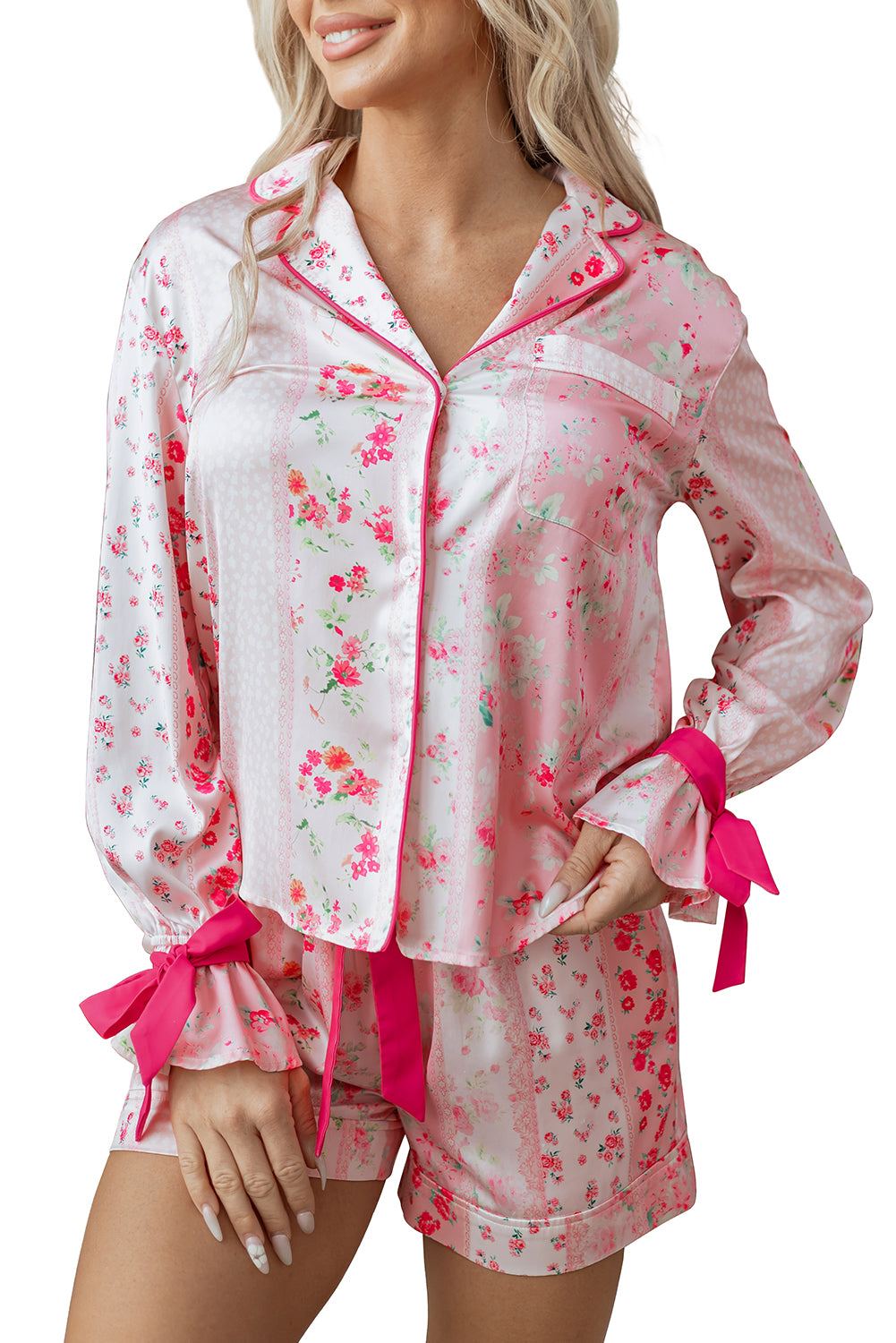 Pink Mixed Floral Print Contrast Piping Trim Satin Tie 2pcs Pajama Set