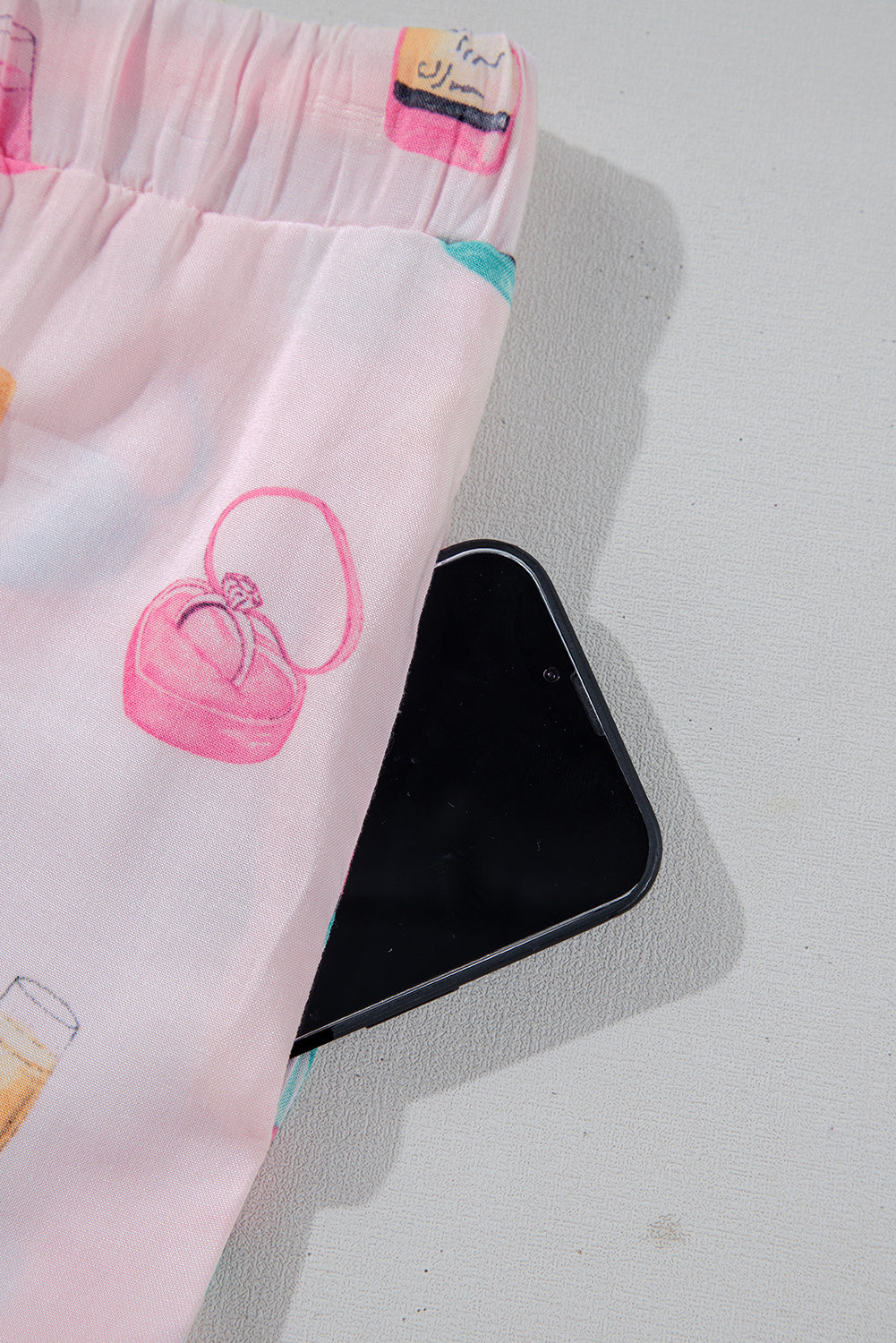 Light Pink Christmas Wine Glass Print Bow Knot Two Piece Pajama Set