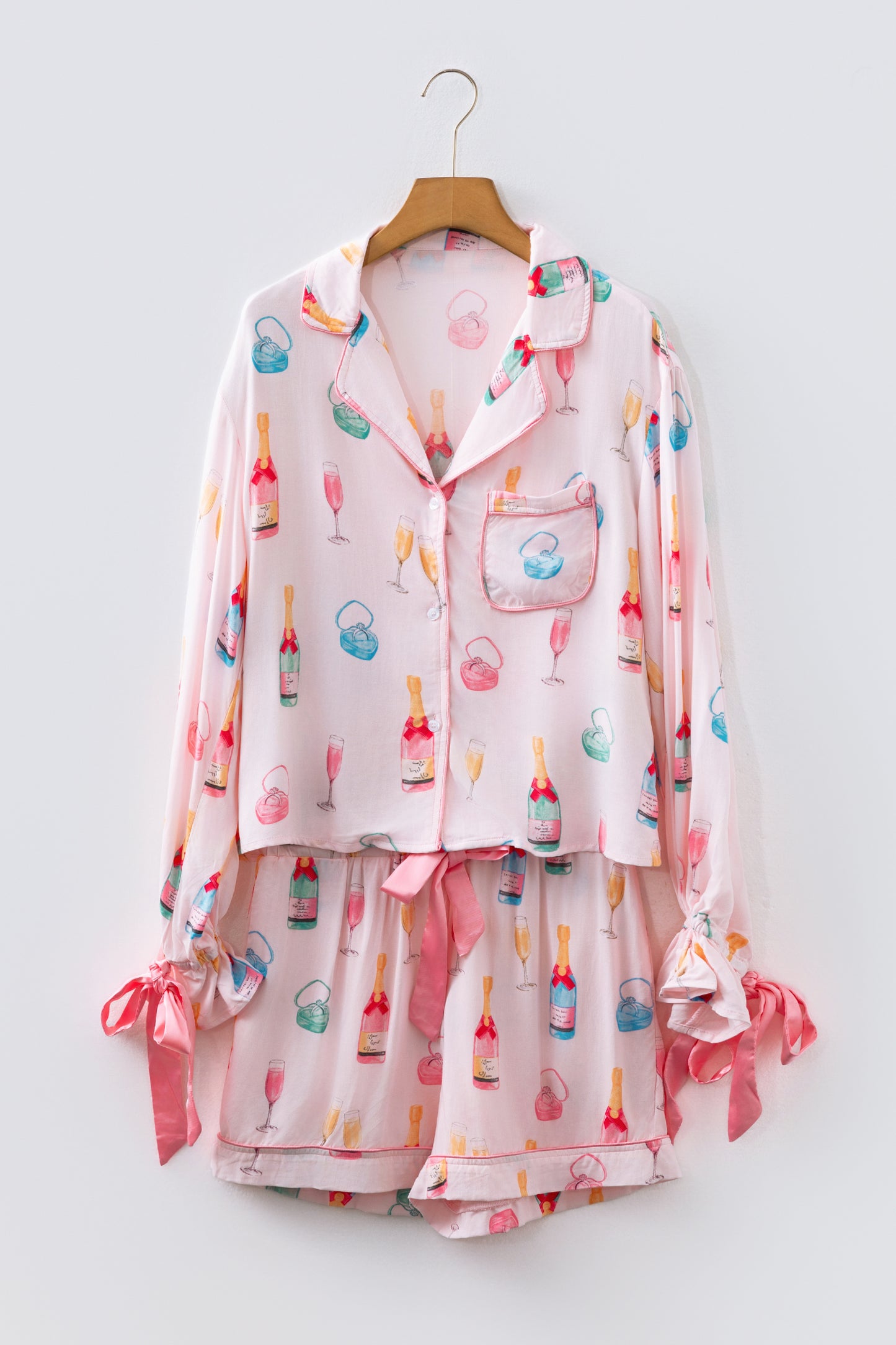 Light Pink Christmas Wine Glass Print Bow Knot Two Piece Pajama Set