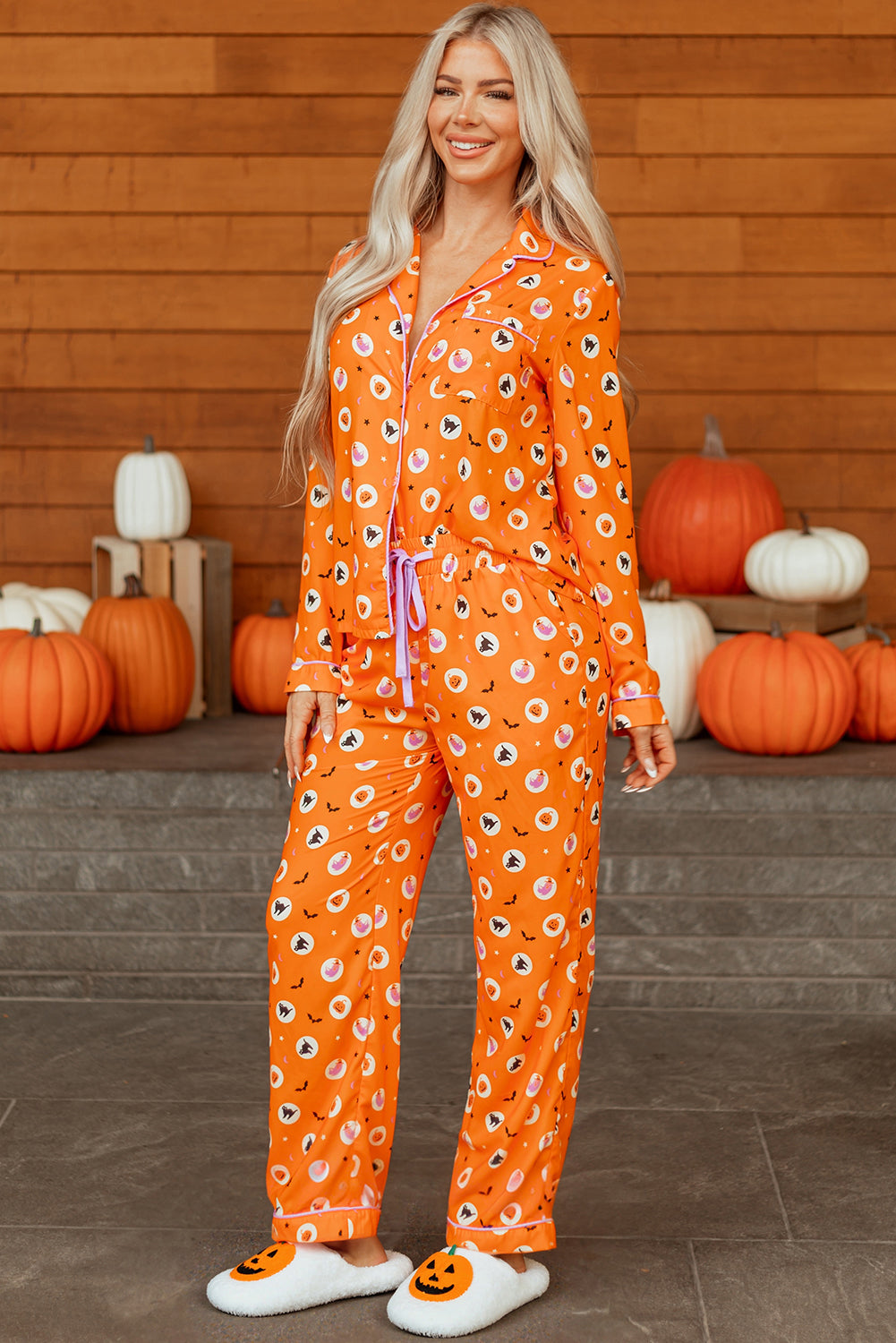 Orange Halloween Print Lapel Shirt Long 2pcs Pajama Set